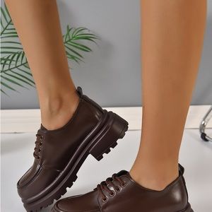 Elegant Brown Oxford Shoes For Women, Stitch Detail Lace Up Flatform Shoes